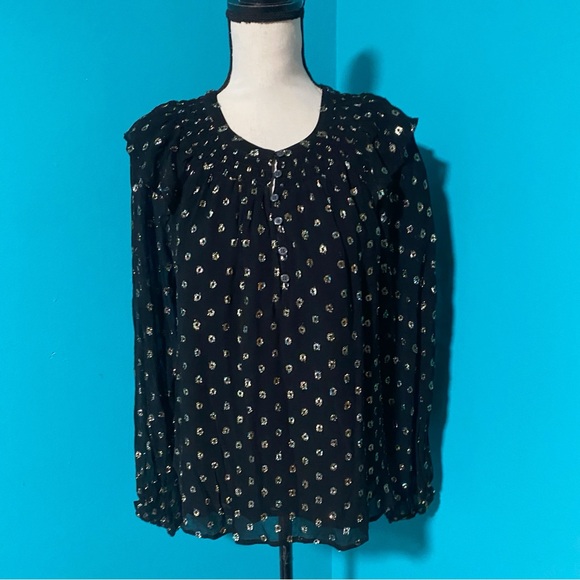 LOFT S Black Shimmer Clip Ruffle Button Blouse Smocked Neck Popover Metallic - Picture 2 of 6